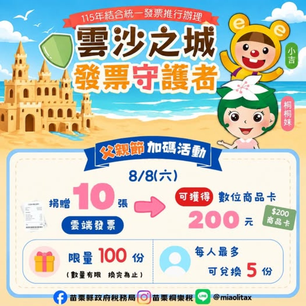 父親節捐10張雲端發票換200元商品卡　苗栗稅務局8日加碼限量100份