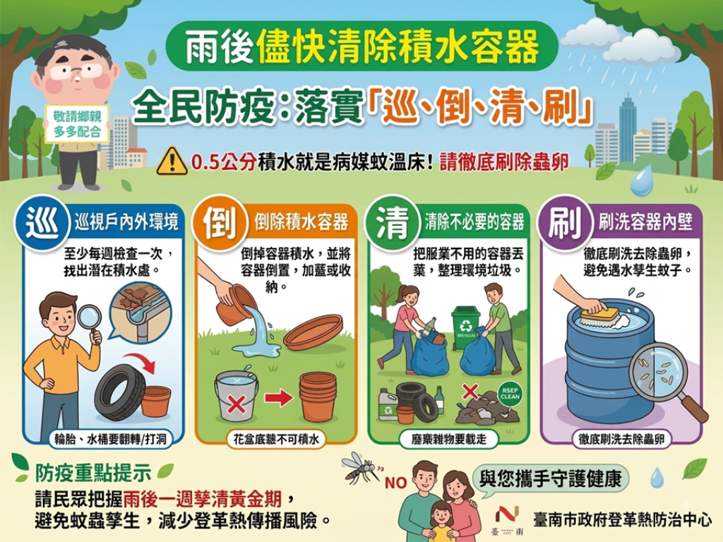 南市新增一例登革熱境外移入病例，黃偉哲市長提醒民眾雨後立即清除積水容器，以防病媒蚊孳生