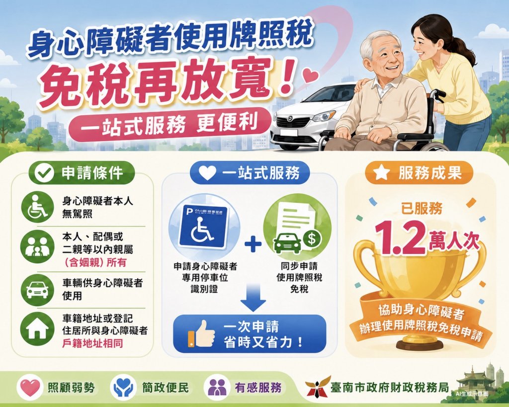 身心障礙者使用車輛免稅再放寬 臺南市一站式服務已嘉惠逾1.2萬人