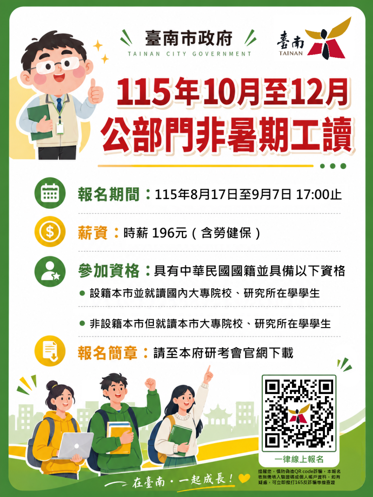 黃偉哲邀青年走進市府 南市府10至12月非暑期工讀開放報名