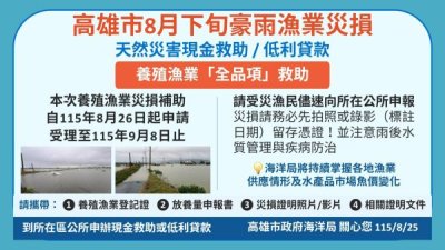 高雄成功爭取8月下旬豪雨魚塭養殖全品項災害現金救助及低利貸款   全力協助養殖漁民度過災後難關